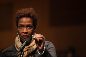 Lisa Daniels called for a change in the culture and structure of the Chicago Police Department while addressing the Chicago Police Board during a session on the superintendent selection process held at Kennedy-King College on Jan. 12, 2016. Daniels lost her son, Darren B. Easterling, 25, to Chicago violence. (Michelle Kanaar / City Bureau)