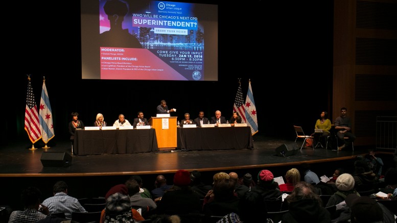 About 150 people attended a session held by the Chicago Urban League at Kennedy-King College on Jan. 12, 2016 to address the Chicago Police Board during the superintendent selection process. Community members called on the CPB for more community involvement and awareness, an elected board, an end to corruption, and, mentioned by many, an understanding of racism and white supremacy.  (Michelle Kanaar / City Bureau)